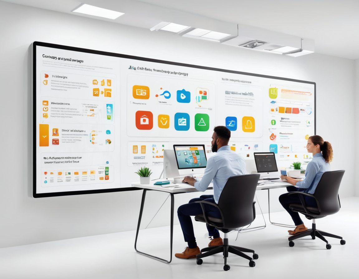 A bright and inviting workspace with a diverse group of professionals collaborating over a digital interface, showcasing user experience strategies. Include floating icons representing engagement, satisfaction, and innovation around them. The environment should be modern and vibrant, symbolizing creativity and teamwork. super-realistic. vibrant colors. white background.