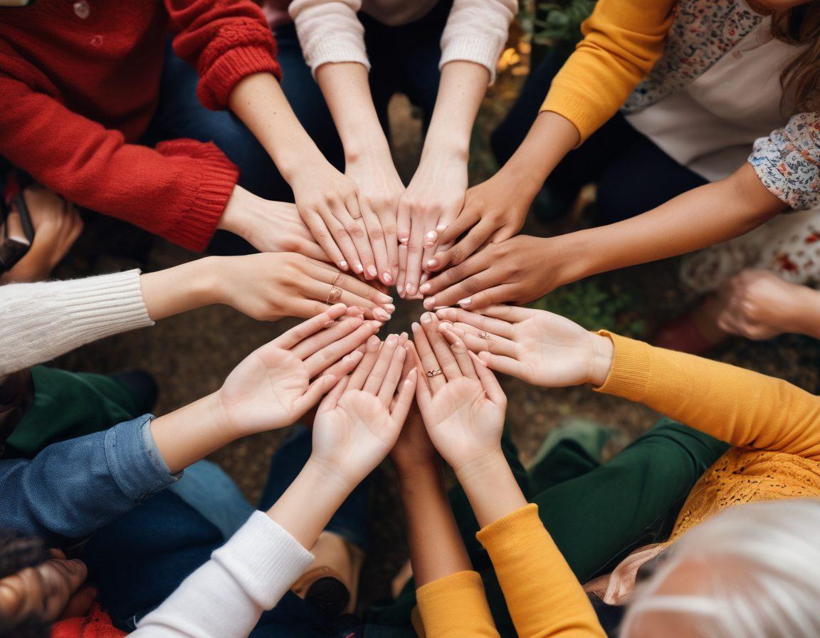 A diverse group of people of different ages and backgrounds gathered in a warm, inviting community space, joyfully interacting and sharing stories. The atmosphere should reflect a connections theme, with cozy seating arrangements, plants, and soft lighting. Emphasize expressions of kindness and engagement among the individuals, showcasing a sense of belonging and care. Include subtle symbols of support like hands joined together or heart motifs. vibrant colors. soft focus.