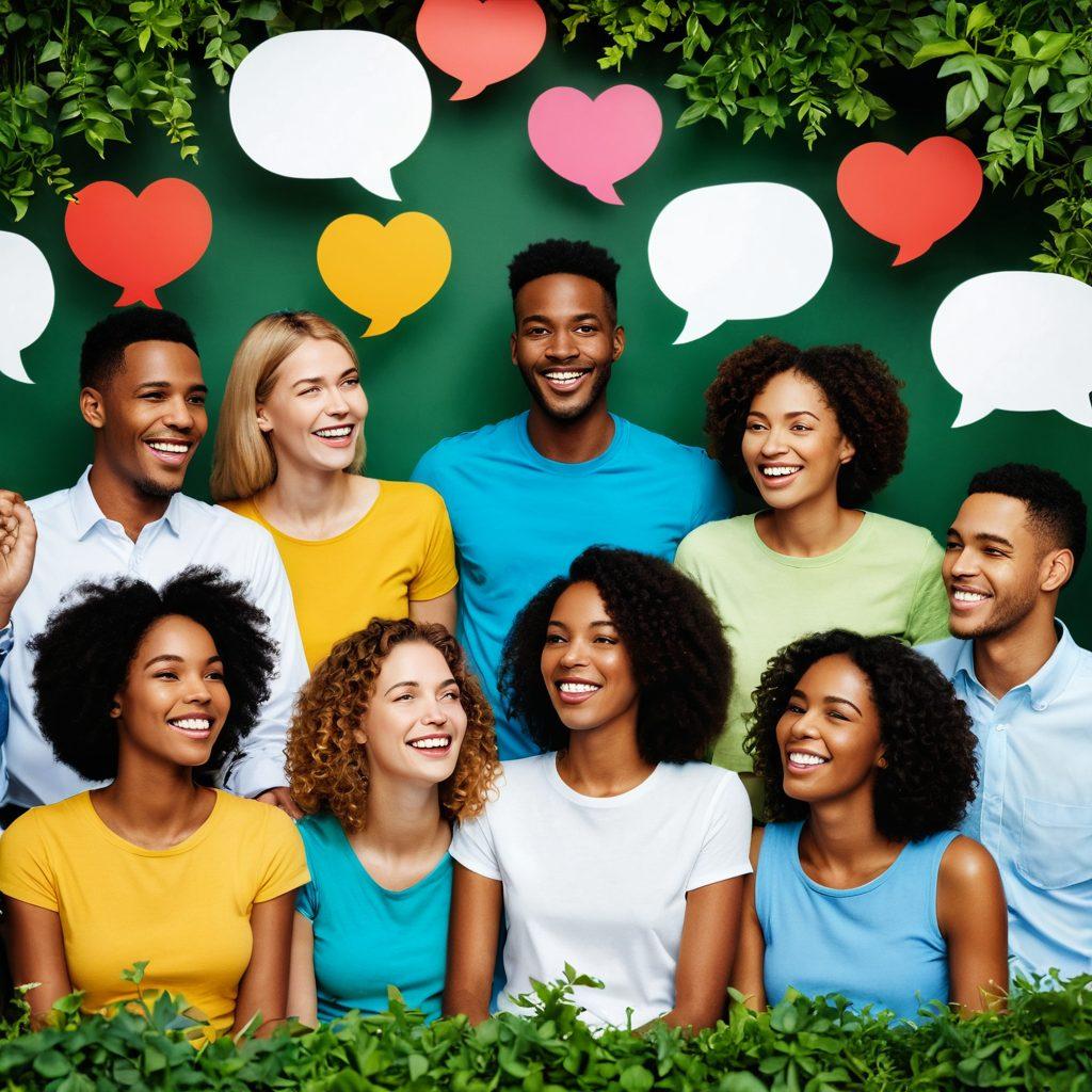 A diverse group of happy people engaging in a warm conversation with bright smiles, surrounded by lush greenery symbolizing growth and connections. Elements representing customer service like chat bubbles and heart icons are subtly integrated in the background. The scene reflects a sense of positivity, empathy, and collaboration. super-realistic. vibrant colors. cheerful atmosphere.